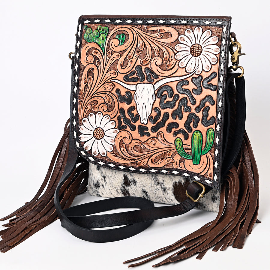 American Darling Buck Stitched Tooled Leather Hair-On Cowhide Messenger Bag - Uhorse