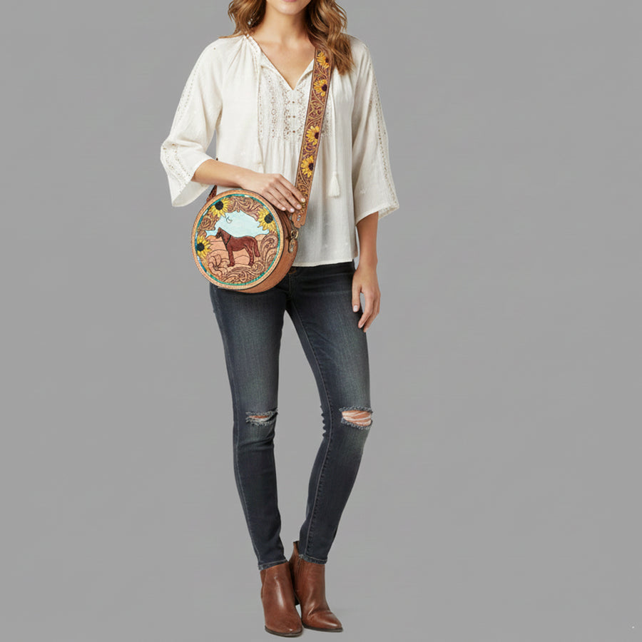 American Darling Genuine Leather Canteen Bag Women Hand Tooled Floral Carved Crossbody Purse Vegetable-Tanned Full Grain