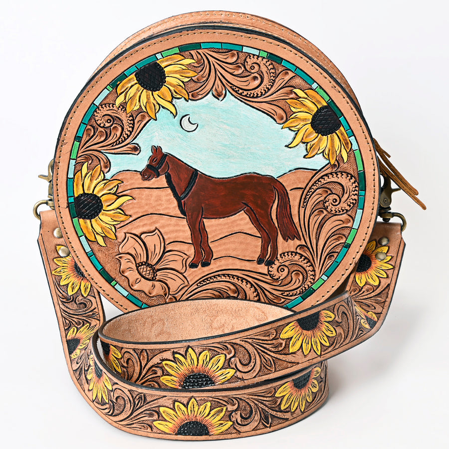 American Darling Genuine Leather Canteen Bag Women Hand Tooled Floral Carved Crossbody Purse Vegetable-Tanned Full Grain