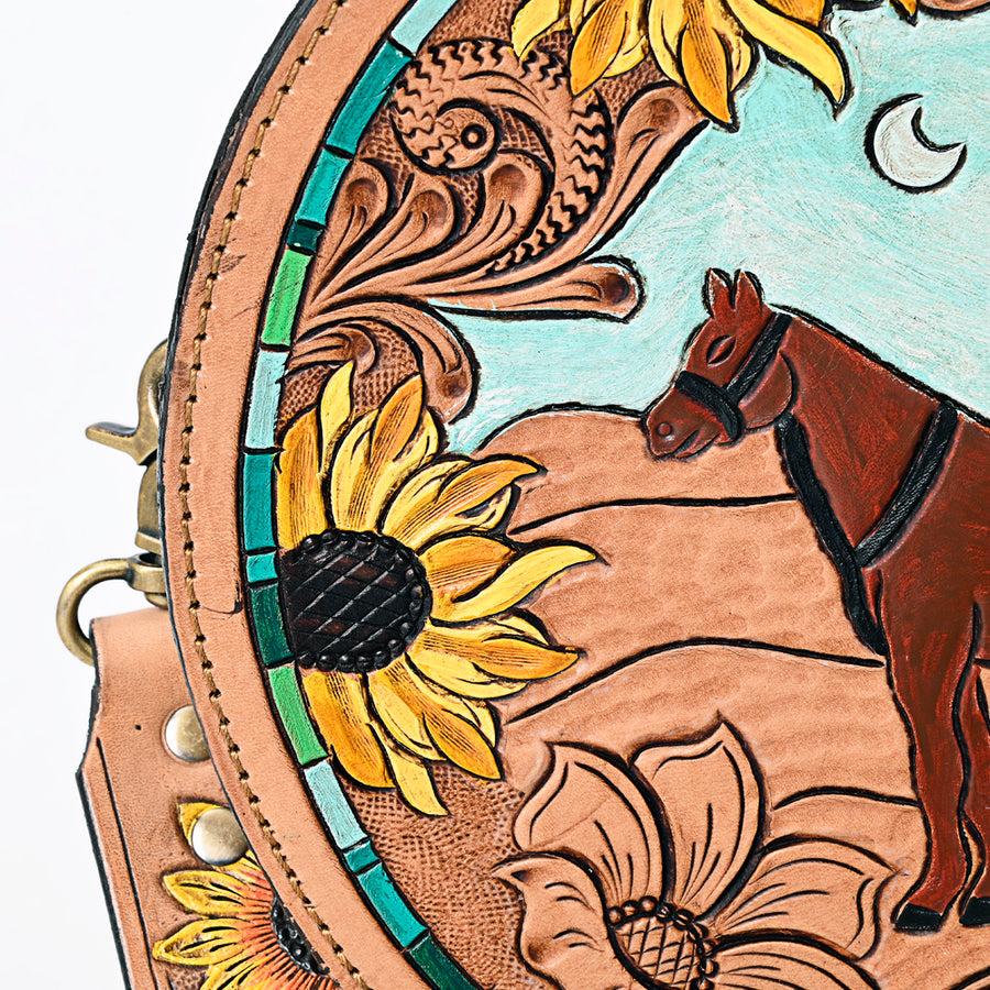American Darling Genuine Leather Canteen Bag Women Hand Tooled Floral Carved Crossbody Purse Vegetable-Tanned Full Grain