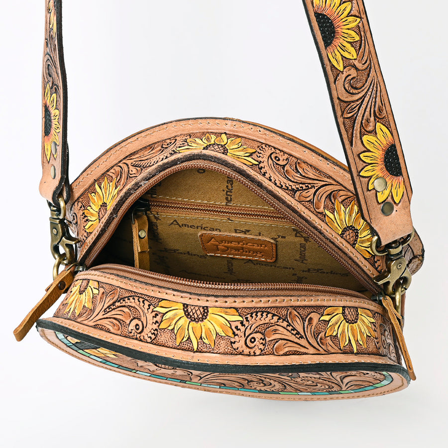American Darling Genuine Leather Canteen Bag Women Hand Tooled Floral Carved Crossbody Purse Vegetable-Tanned Full Grain