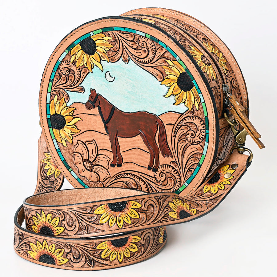 American Darling Hand Tooled Genuine Leather Floral Carved Canteen Bag - Uhorse