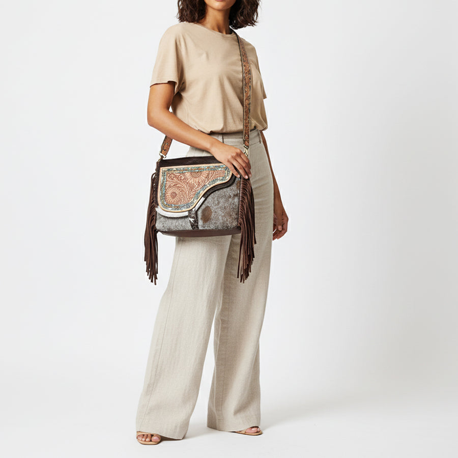 American Darling Genuine Leather Cross body Bag Women Hair-On Cowhide Floral Hand Tooled Purse with Fringe YKK Zipper