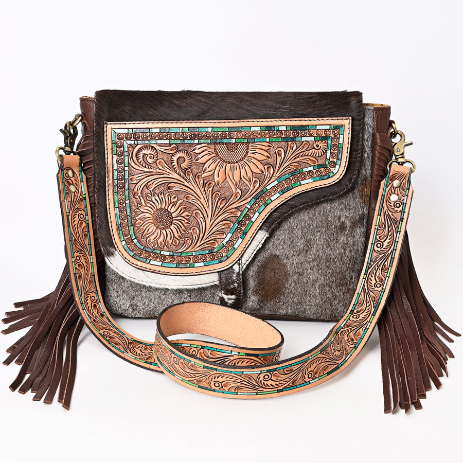 American Darling Genuine Leather Cross body Bag Women Hair-On Cowhide Floral Hand Tooled Purse with Fringe YKK Zipper