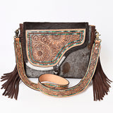 American Darling Genuine Leather Cross body Bag Women Hair-On Cowhide Floral Hand Tooled Purse with Fringe YKK Zipper
