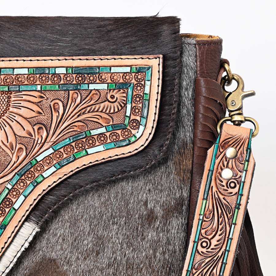 American Darling Genuine Leather Cross body Bag Women Hair-On Cowhide Floral Hand Tooled Purse with Fringe YKK Zipper