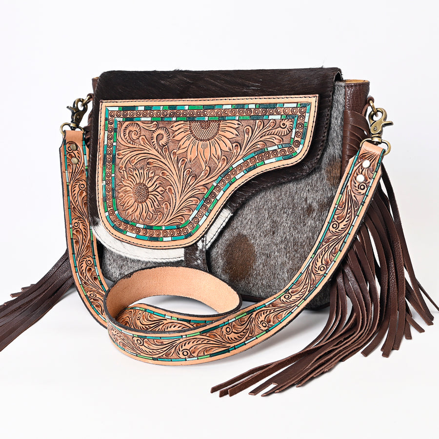 American Darling Hair-On Cowhide Tooled Leather Cross body Bag With Fringe - Uhorse