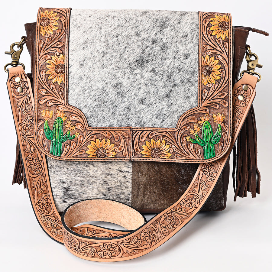 American Darling Genuine Leather Messenger Bag Women Hair-On Cowhide Floral Hand Tooled Purse with Fringe YKK Zipper