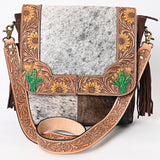 American Darling Genuine Leather Messenger Bag Women Hair-On Cowhide Floral Hand Tooled Purse with Fringe YKK Zipper