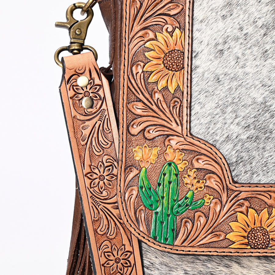American Darling Genuine Leather Messenger Bag Women Hair-On Cowhide Floral Hand Tooled Purse with Fringe YKK Zipper