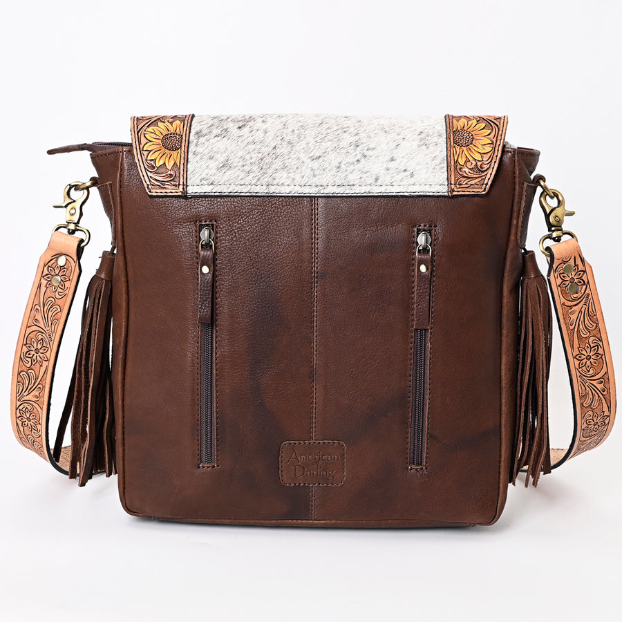 American Darling Genuine Leather Messenger Bag Women Hair-On Cowhide Floral Hand Tooled Purse with Fringe YKK Zipper