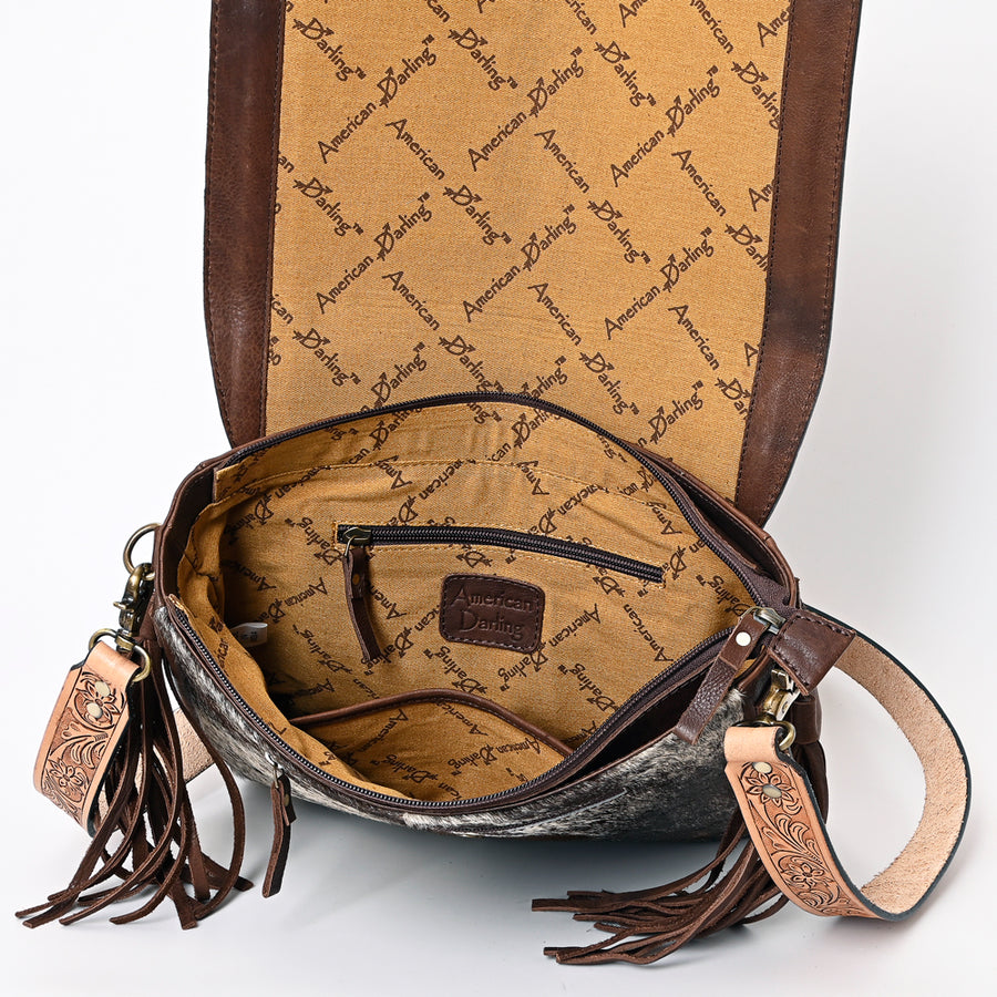 American Darling Genuine Leather Messenger Bag Women Hair-On Cowhide Floral Hand Tooled Purse with Fringe YKK Zipper