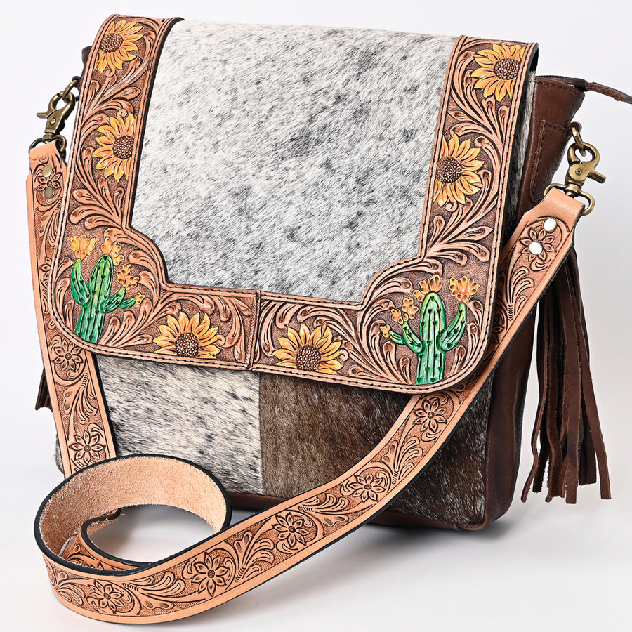 American Darling Hair-On Cowhide Tooled Leather Messenger Bag With Fringe - Uhorse