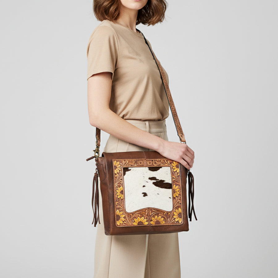 American Darling Genuine Leather Messenger Bag Women Hair-On Cowhide Floral Hand Tooled Purse YKK Zipper Full Grain