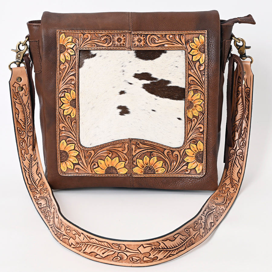 American Darling Genuine Leather Messenger Bag Women Hair-On Cowhide Floral Hand Tooled Purse YKK Zipper Full Grain
