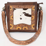 American Darling Genuine Leather Messenger Bag Women Hair-On Cowhide Floral Hand Tooled Purse YKK Zipper Full Grain