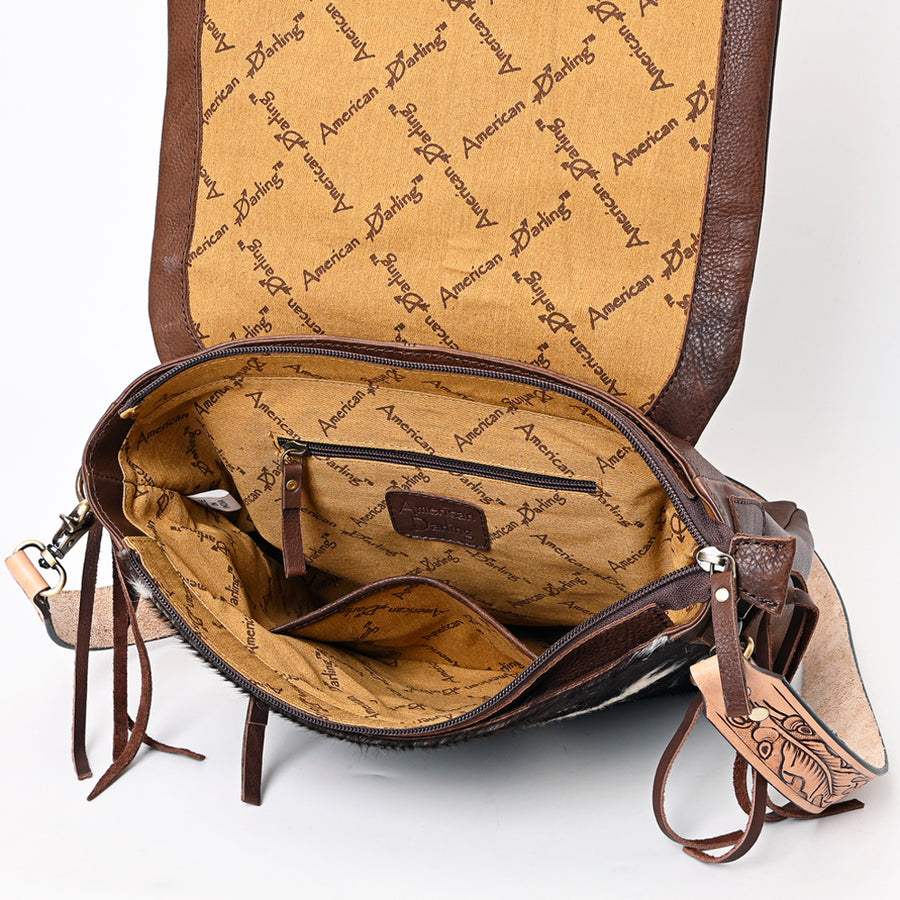 American Darling Genuine Leather Messenger Bag Women Hair-On Cowhide Floral Hand Tooled Purse YKK Zipper Full Grain