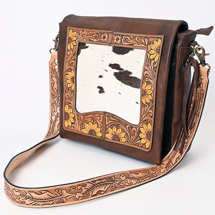 American Darling Hair-On Cowhide Hand Tooled Leather Messenger Bag - Uhorse