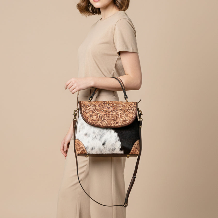 American Darling Genuine Leather Messenger Bag Women Hair-On Cowhide Floral Hand Tooled Purse YKK Zipper Full Grain