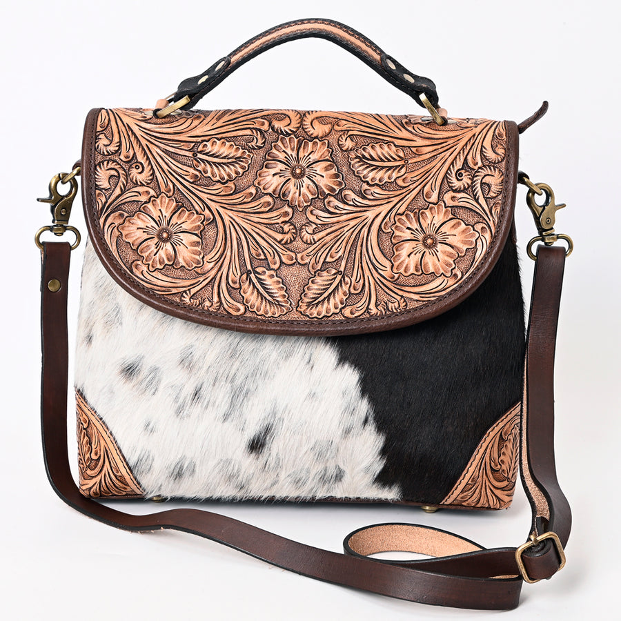 American Darling Genuine Leather Messenger Bag Women Hair-On Cowhide Floral Hand Tooled Purse YKK Zipper Full Grain