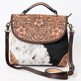 American Darling Genuine Leather Messenger Bag Women Hair-On Cowhide Floral Hand Tooled Purse YKK Zipper Full Grain