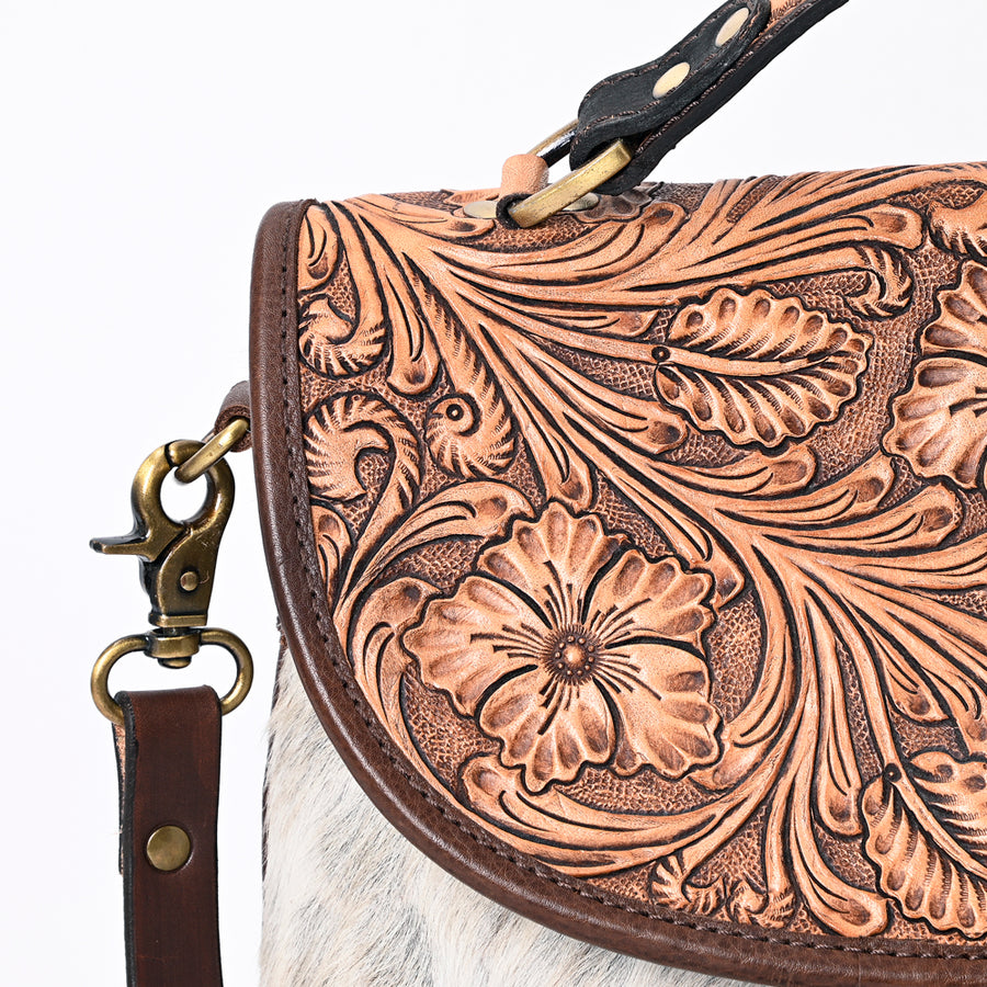 American Darling Genuine Leather Messenger Bag Women Hair-On Cowhide Floral Hand Tooled Purse YKK Zipper Full Grain