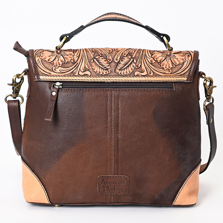 American Darling Genuine Leather Messenger Bag Women Hair-On Cowhide Floral Hand Tooled Purse YKK Zipper Full Grain