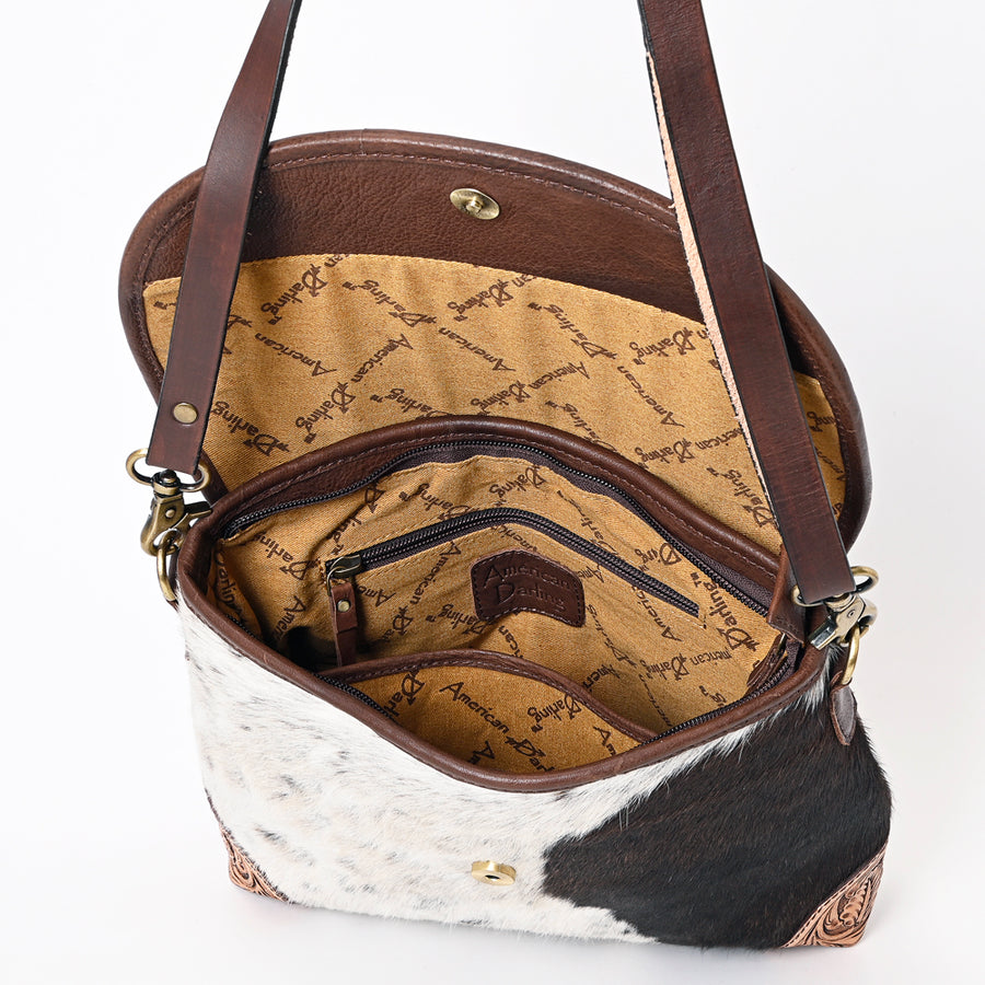 American Darling Genuine Leather Messenger Bag Women Hair-On Cowhide Floral Hand Tooled Purse YKK Zipper Full Grain