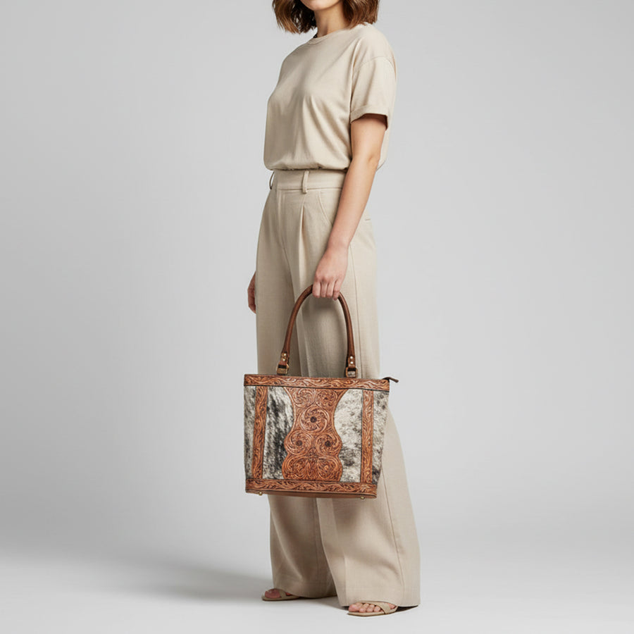 American Darling Genuine Leather Tote Bag Women Hair-On Cowhide Floral Hand Tooled Purse YKK Zipper Full Grain