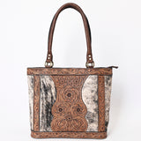American Darling Genuine Leather Tote Bag Women Hair-On Cowhide Floral Hand Tooled Purse YKK Zipper Full Grain