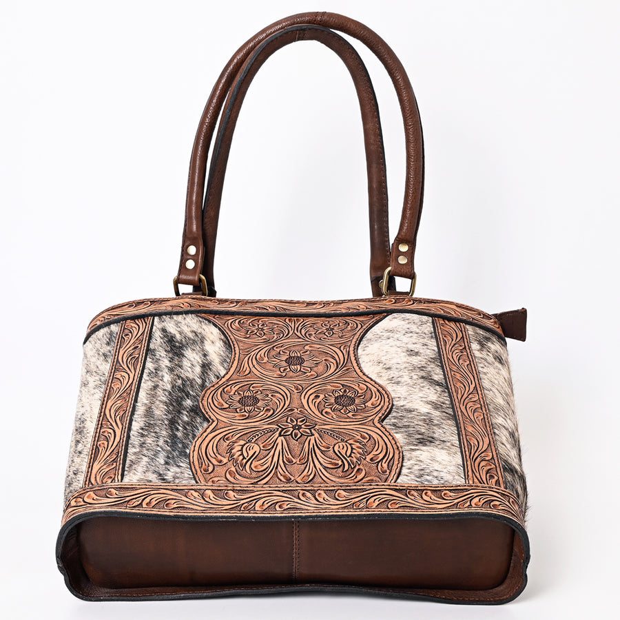 American Darling Genuine Leather Tote Bag Women Hair-On Cowhide Floral Hand Tooled Purse YKK Zipper Full Grain