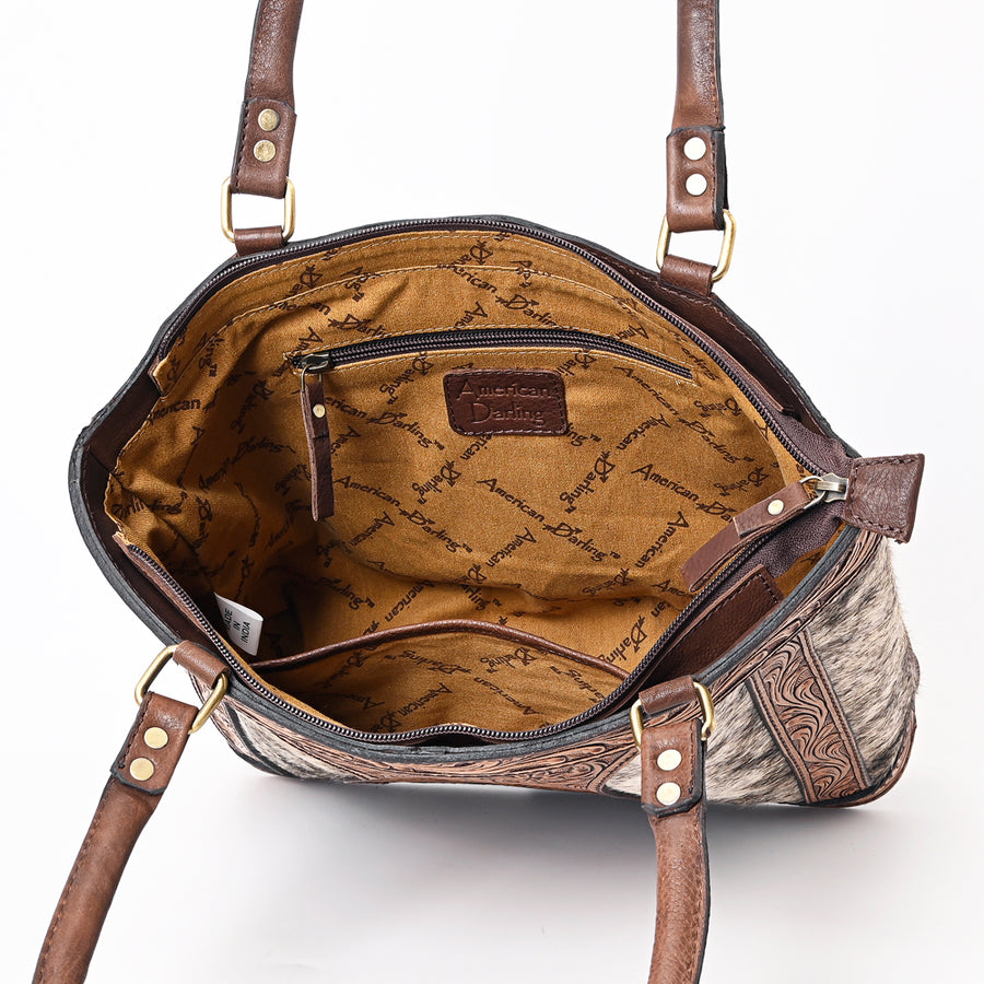 American Darling Genuine Leather Tote Bag Women Hair-On Cowhide Floral Hand Tooled Purse YKK Zipper Full Grain