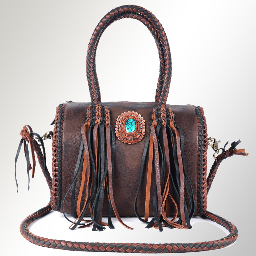 American Darling Speedy Bag Western Genuine Leather Handcrafted Purse with Fringes, Braided Handles and Turquoise Stone