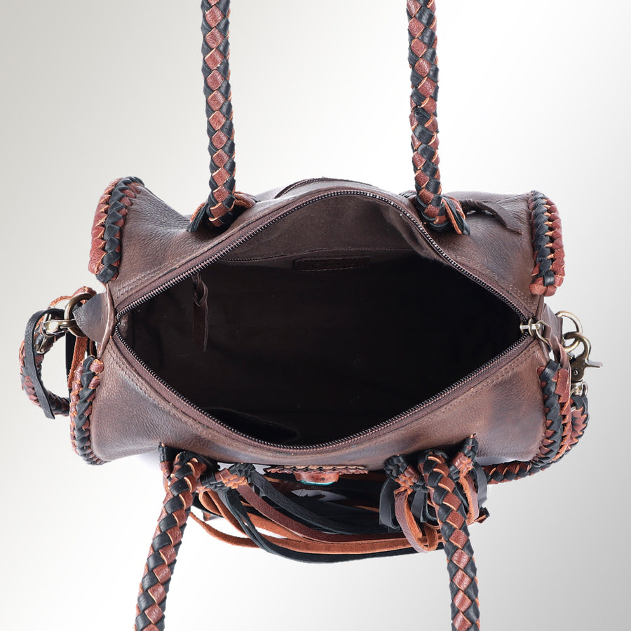 American Darling Speedy Bag Western Genuine Leather Handcrafted Purse with Fringes, Braided Handles and Turquoise Stone