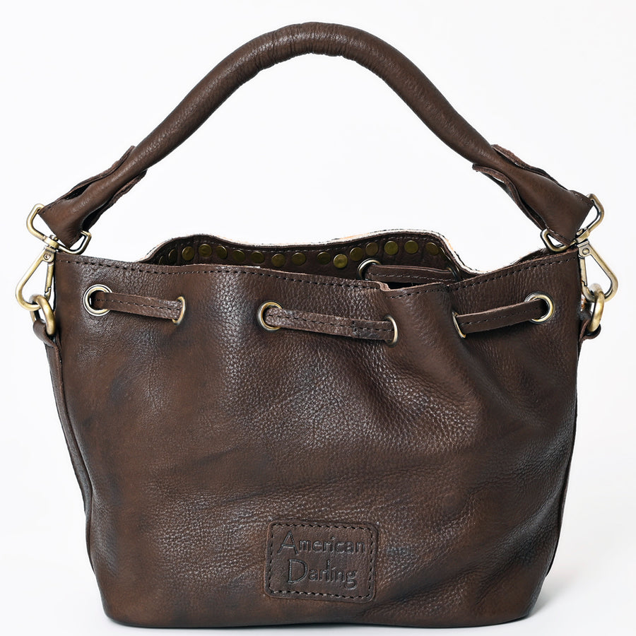 American Darling Bucket Bag, Genuine Vegetable Tanned Full Grain Leather, Rivetted Drawstring Purse, 6.5in X 11in X 4.5in