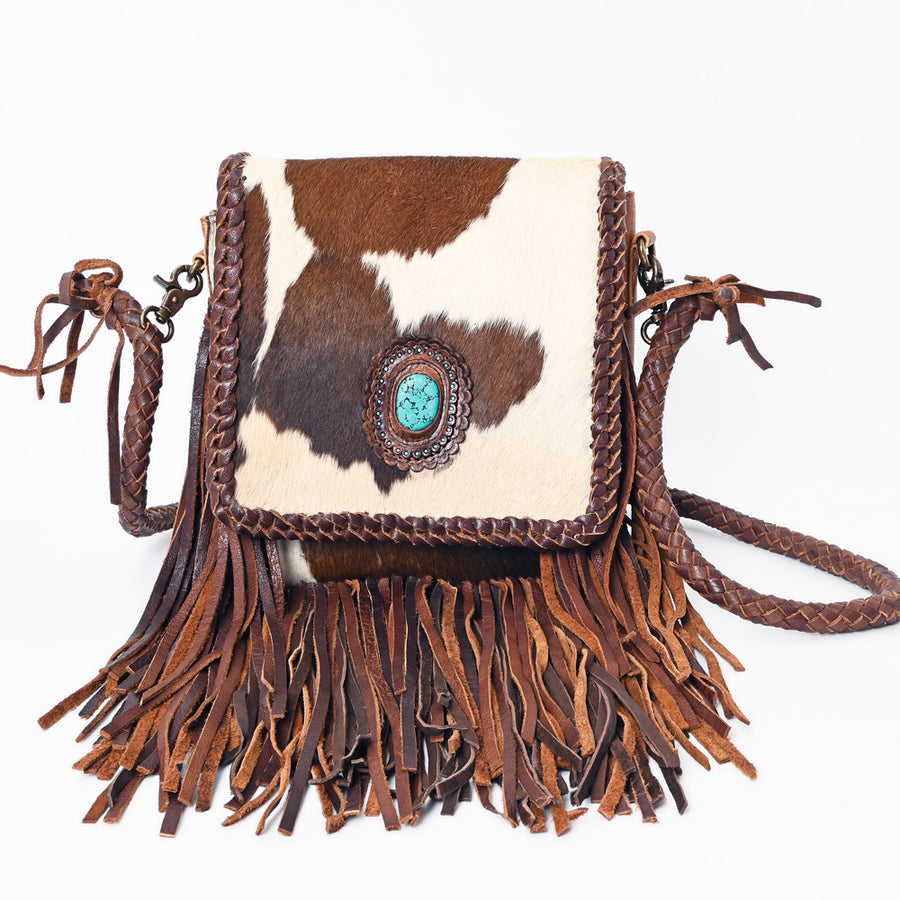 American Darling Messenger Bag Western Genuine Leather Handcrafted Purse with Fringes and Turquoise Stone