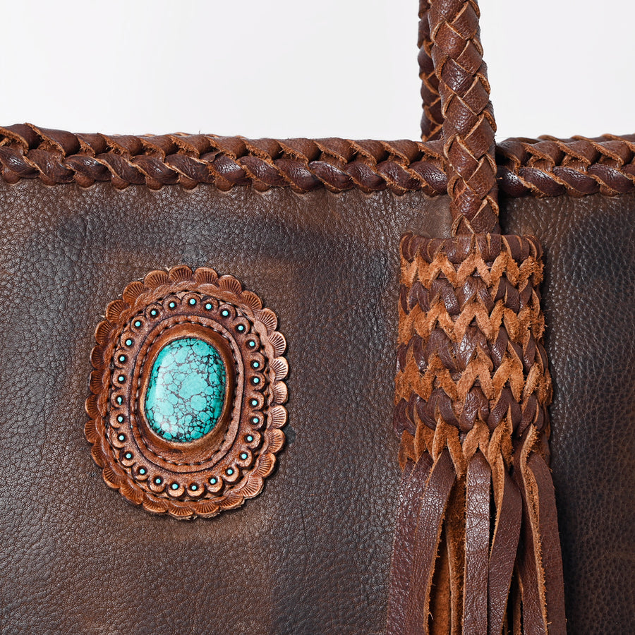 American Darling Tote Bag Western Genuine Leather Handcrafted Large Purse with Turquoise Stone, Fringes and YKK Zipper