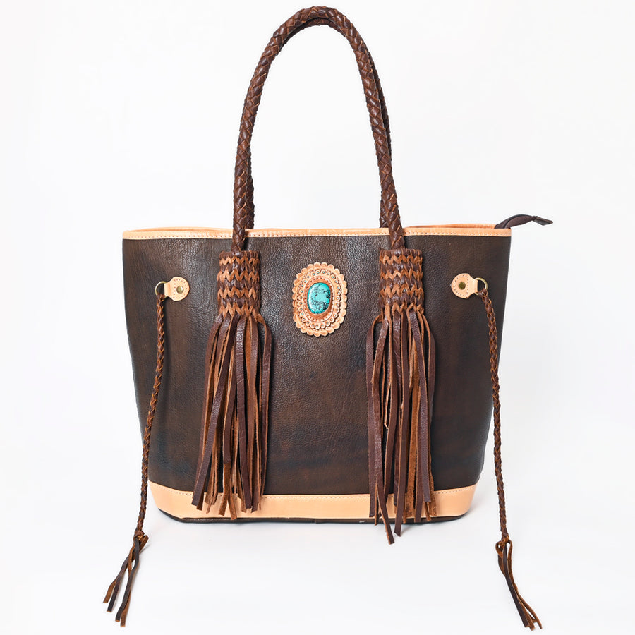 American Darling Tote Bag Western Genuine Leather Handcrafted Large Purse with Turquoise Stone, Fringes and YKK Zipper