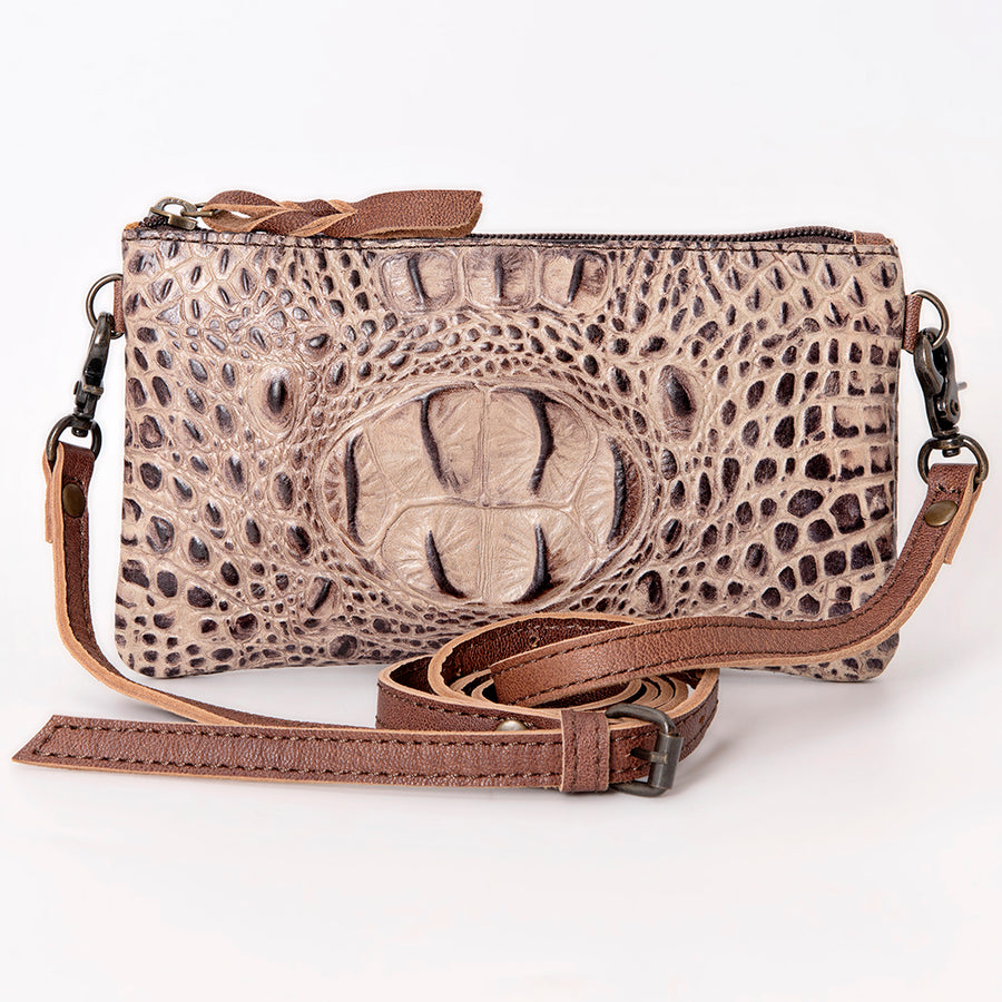 American Darling Wallet Bag for Women, Crocodile Embossed Full Grain Leather Western Clutch with YKK Zipper & Wrist Strap