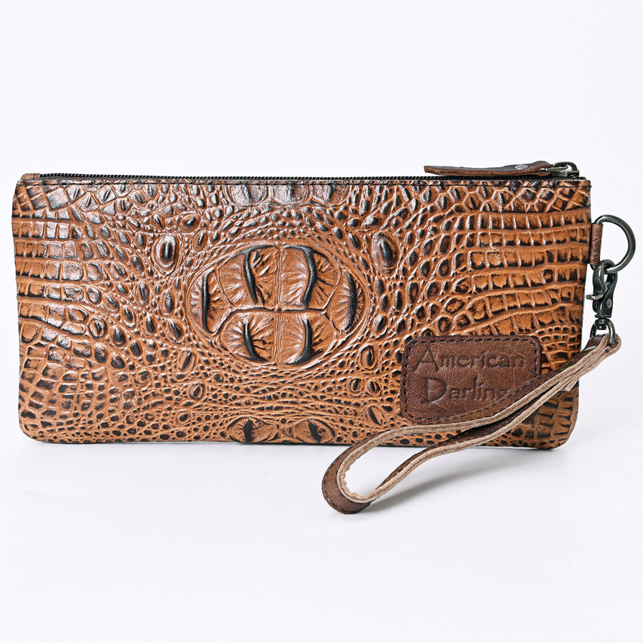 American Darling Wristlet Bag for Women, Crocodile Embossed Full Grain Leather Western Clutch with YKK Zipper & Wrist Strap