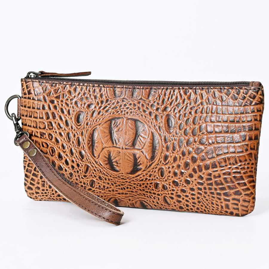 American Darling Western Leather Wristlet Bag - Crocodile Embossed Handcrafted Clutch - Uhorse