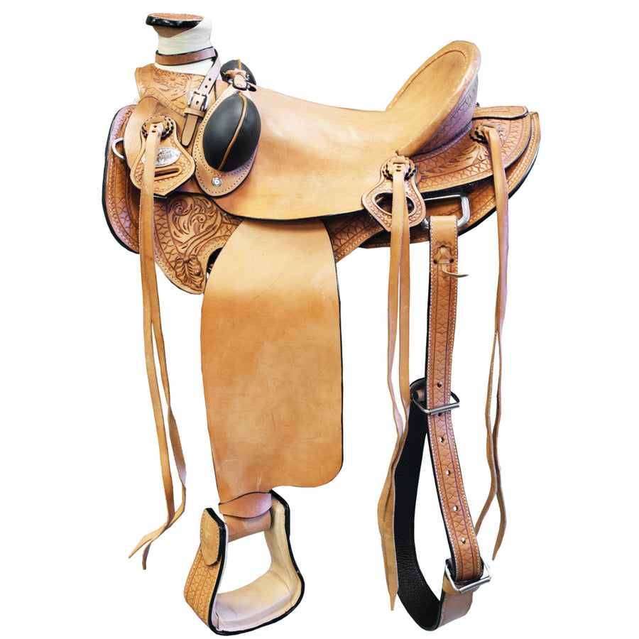 Tan leather western saddle with tooled details - Uhorse