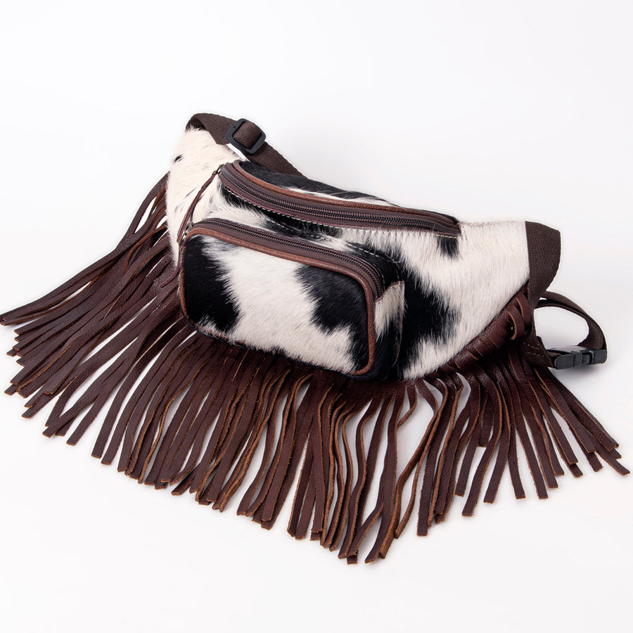 American Darling Handcrafted Western Leather Fanny Pack with Hair-On Cowhide & Fringes – Rugged & Functional, Adjustable Belt Bag