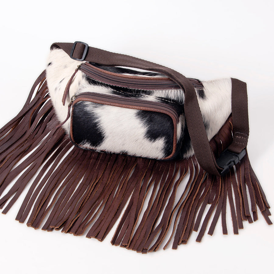 American Darling Handcrafted Western Leather Fanny Pack with Hair-On Cowhide and Fringes - Uhorse