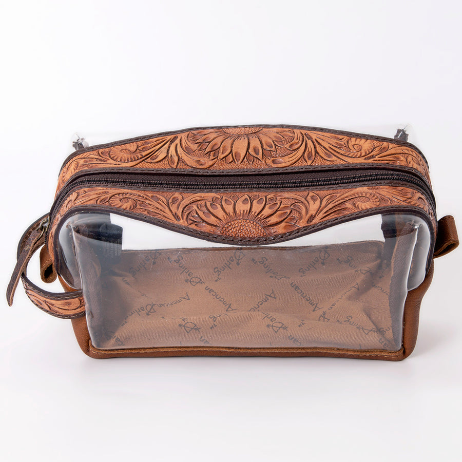 American Darling Toiletry Clear Bag Genuine Leather Hand Tooled Floral Western Purse with YKK Zipper for Women