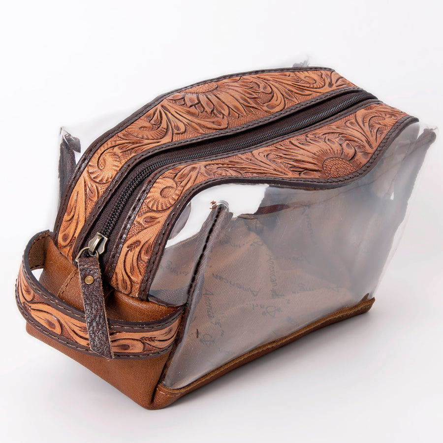 American Darling Toiletry Clear Bag Genuine Leather Hand Tooled Floral Western Purse with YKK Zipper for Women