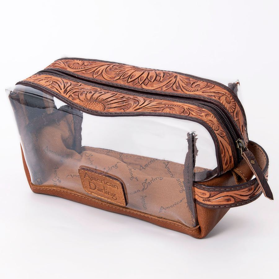 American Darling Toiletry Clear Bag Genuine Leather Hand Tooled Floral Western Purse with YKK Zipper for Women