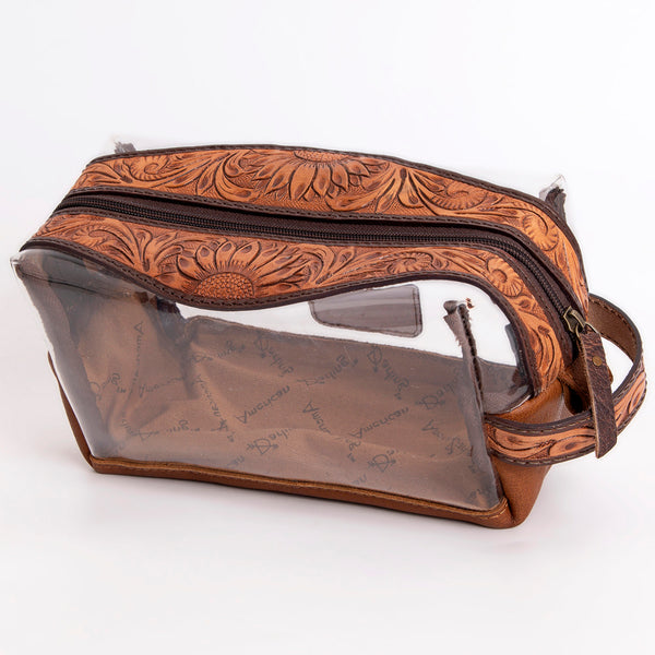 American Darling Hand Tooled Floral Leather Toiletry Clear Bag with Artisan Carving - Uhorse