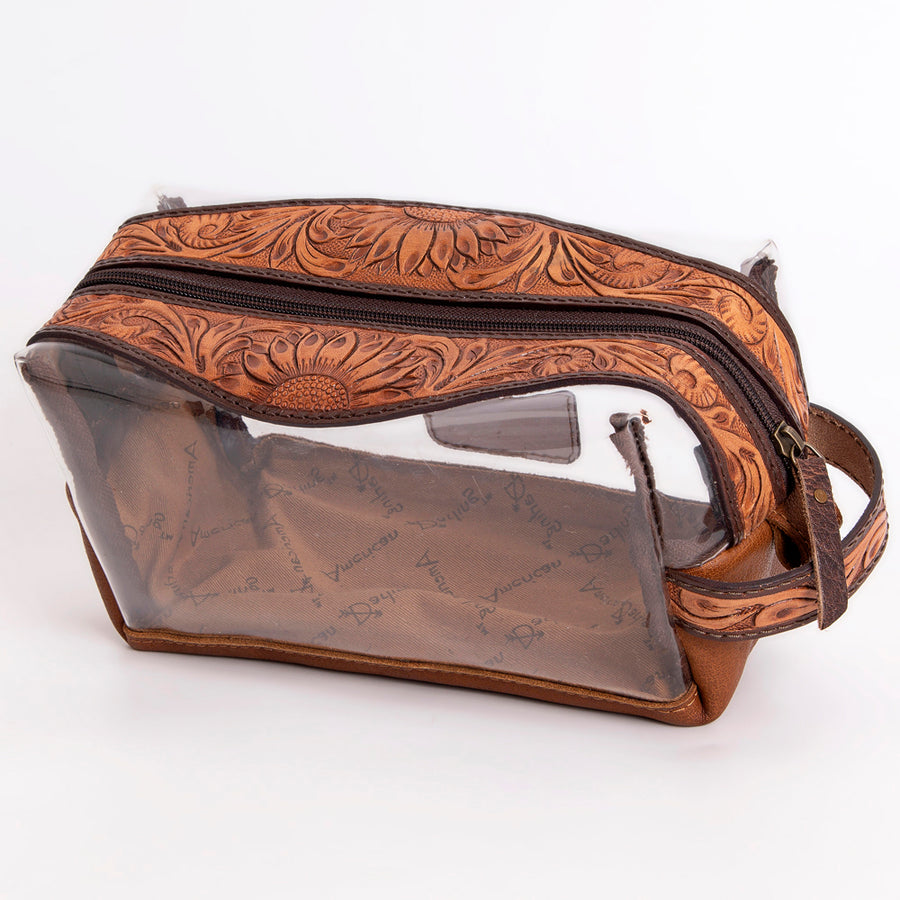 American Darling Hand Tooled Floral Leather Toiletry Clear Bag with Artisan Carving - Uhorse