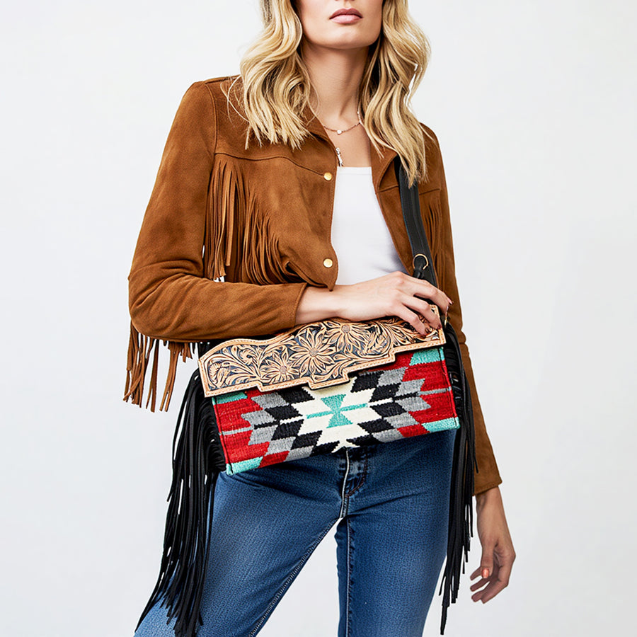 American Darling Western Crossbody Bag with Fringe | Hand Woven Saddle Blanket & Genuine Leather Purse | Small Shoulder Bag for Women